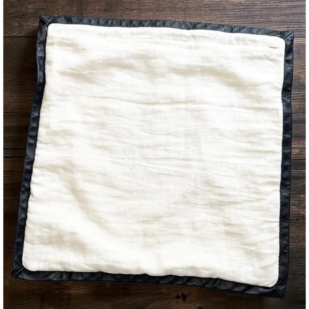 CB2 Kara Mann Tuxedo Throw Pillow Cover 20x20 White Linen Black Leather Trim